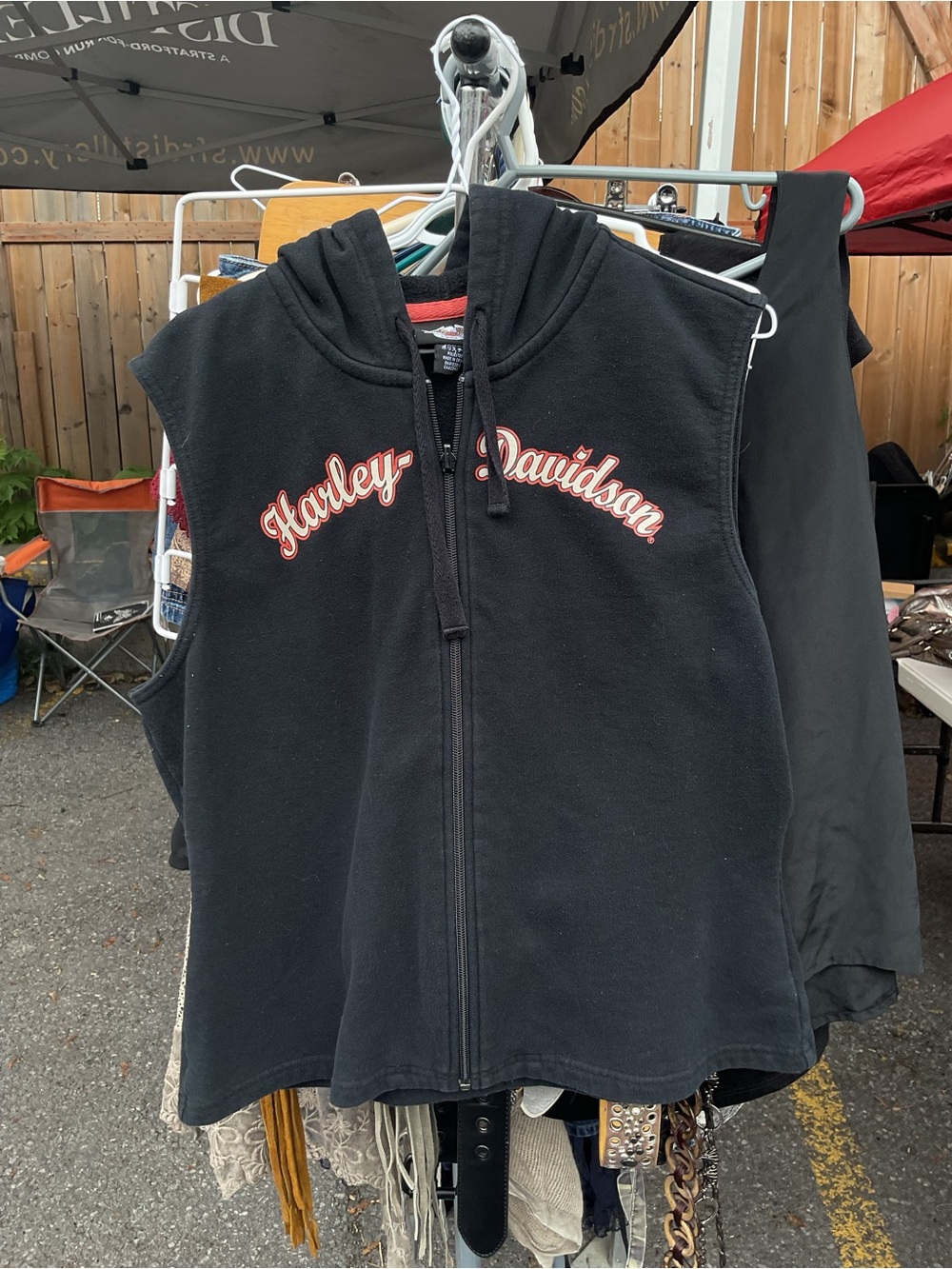 Harley-Davidson Black Sleeveless Zip Hoodie with Orange-Trim Logo